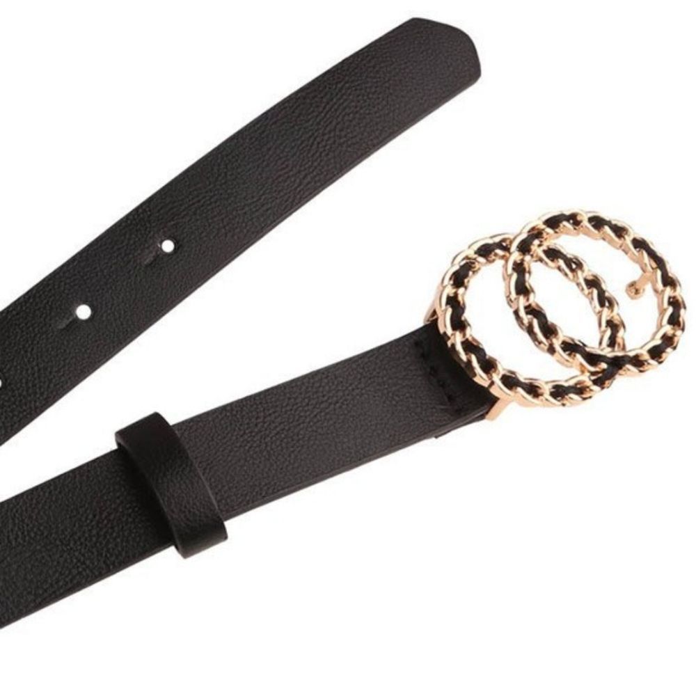 Black faux leather elegant double chunky chain link ring Gold buckle waist belt - Picture 10 of 12